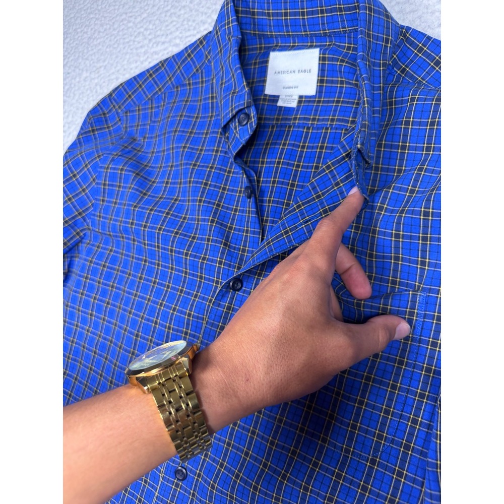 American Eagle Mens Classic Fit Plaid Button Down Shirt Blue Yellow Small - Picture 2 of 5